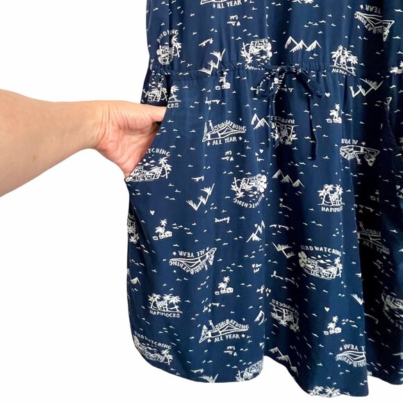 Gap Womens Navy Blue Sundress Large Tropical Print Drawstring Waist Side Pockets - Picture 6 of 12